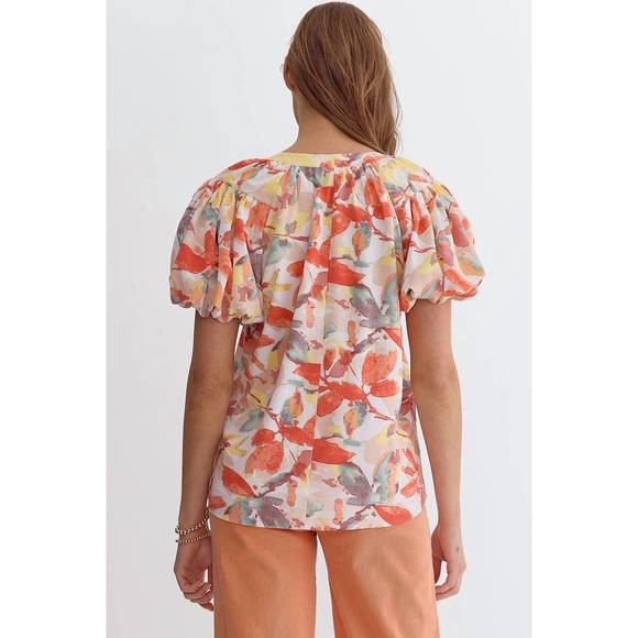 NEW ENTRO floral print bubble sleeve blouse in peaches and cream - Picture 3 of 5